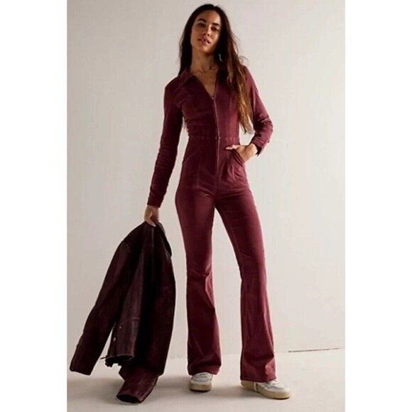 NWT $178 Free People Jayde Cord Flare Jumpsuit Wine L Cottagecore Western Retro - Picture 1 of 16